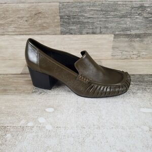 Zara Womens Loafers Sz 6.5 Olive Green Leather Slip On Square‎ Toe Block Heel